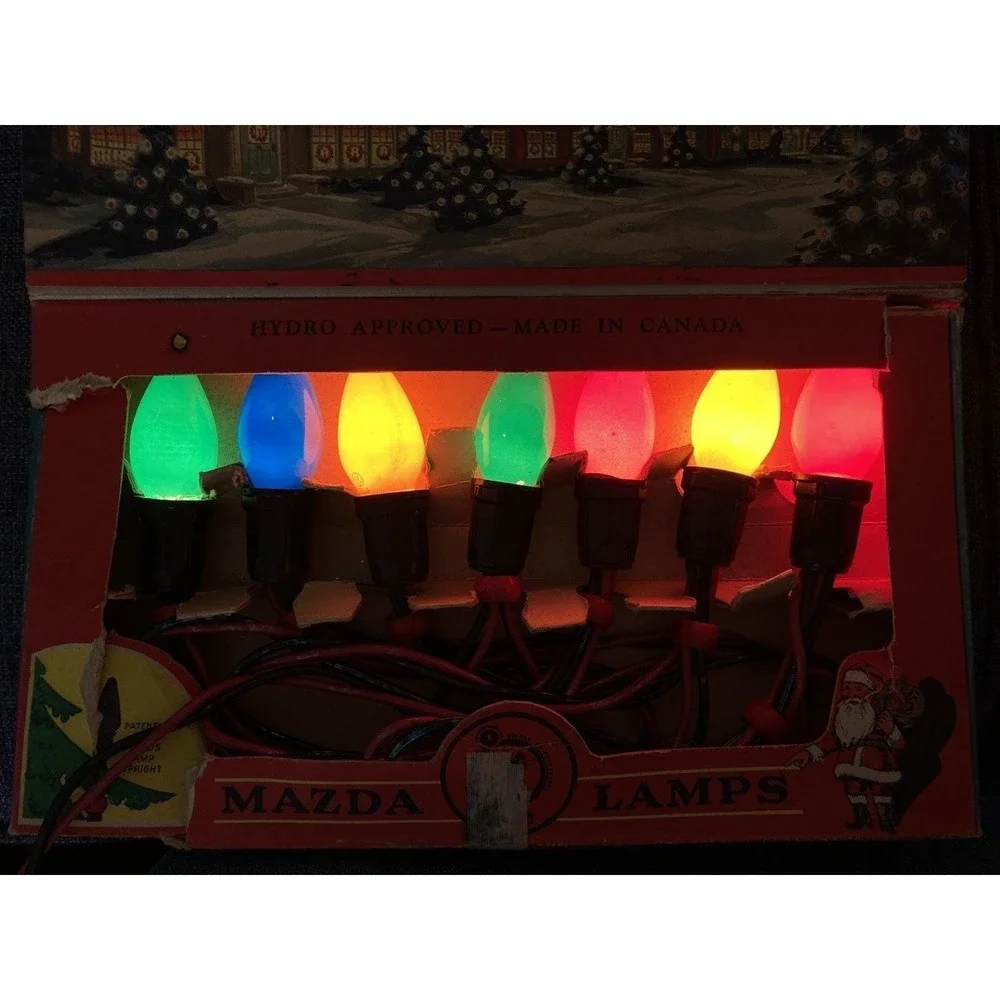Vintage Noma 7 bulb Christmas outdoor light string red bead orig box 1940's